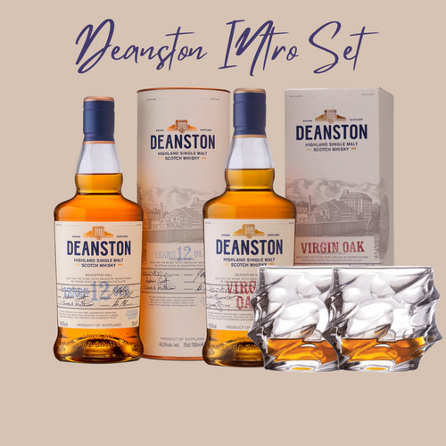 set of deanston virgin oak whisky and deanston 12 year old whisky with two rock glasses