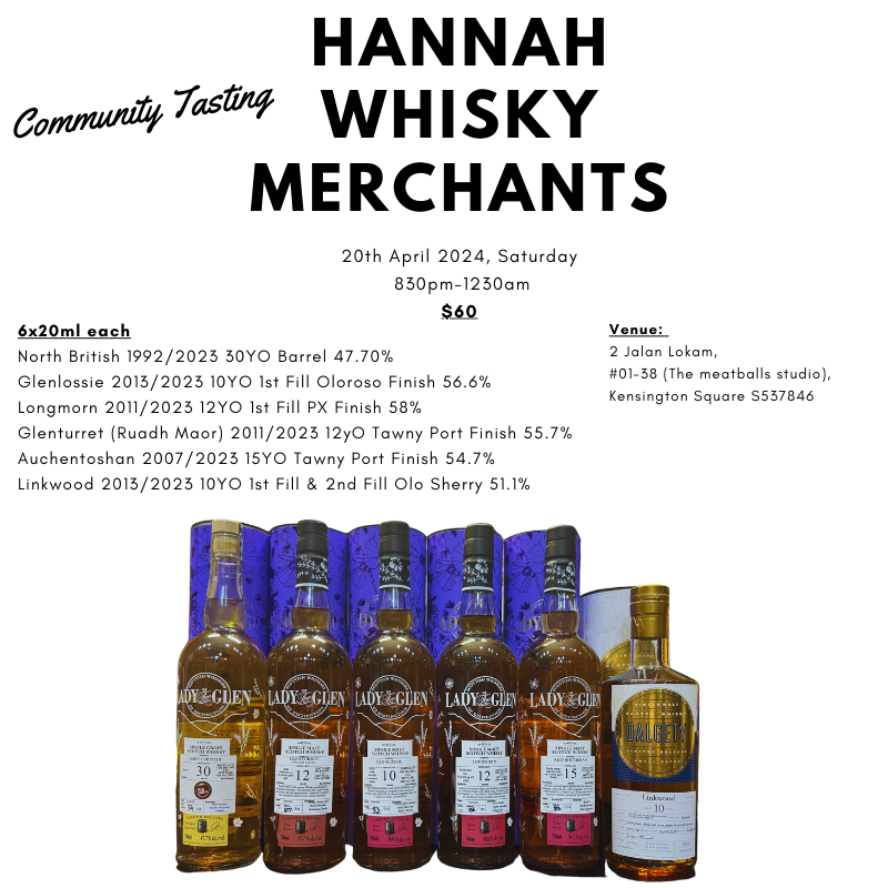 Hannah Whisky Merchants Tasting 20th April, 830pm-1230am (6x20ml)