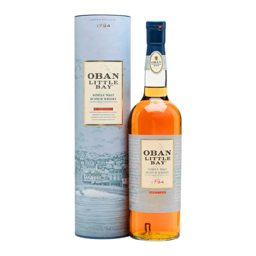 Oban Little Bay whisky bottle and packaging on a white background