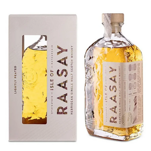Raasay whisky bottle and box on a white background