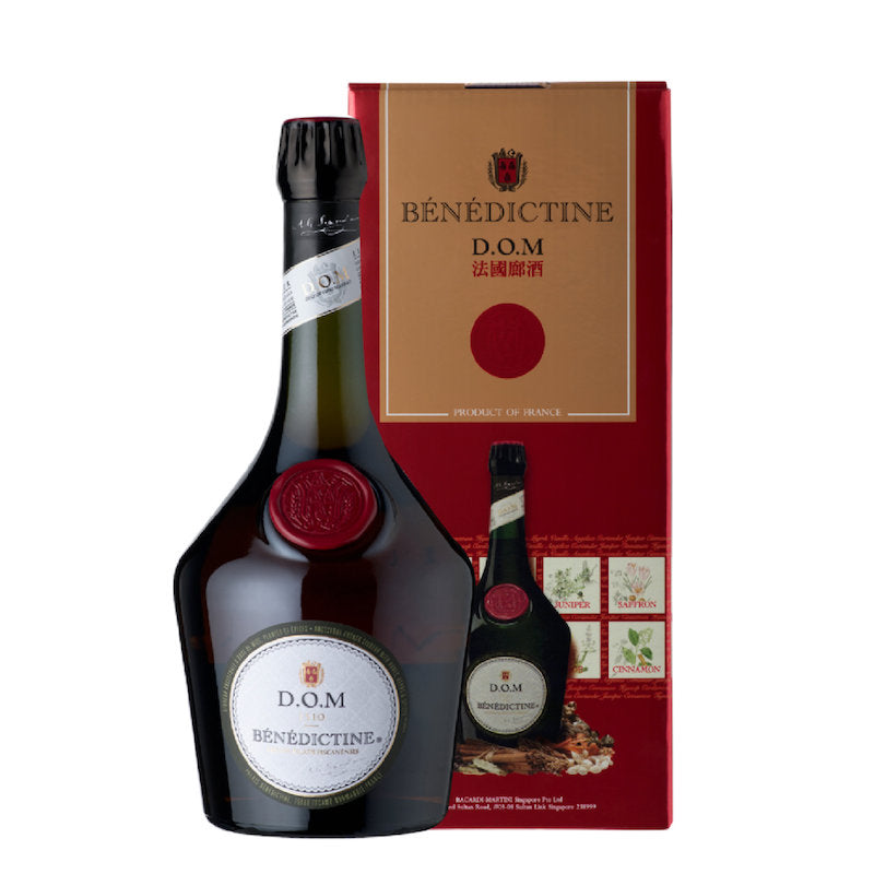 bottle of dom benedictine liqueur with giftbox