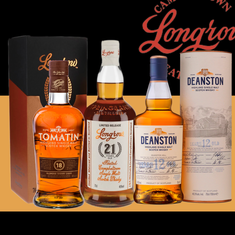 3mk whisky bundle featuring Longrow 21 Year Old, Tomatin 18 Year Old and Deanston 12 Year Old Scotch Whiskies