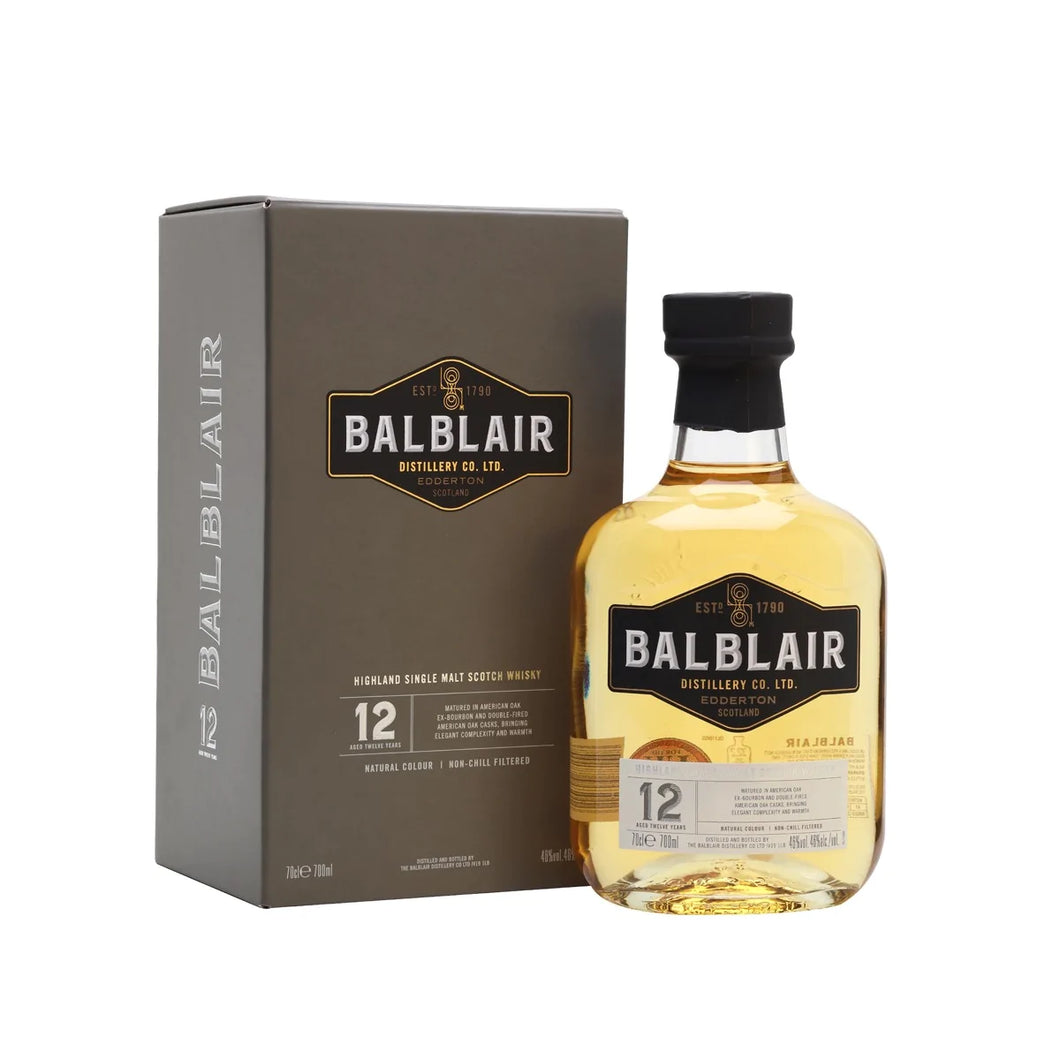 bottle of balblair 12 year old whisky with giftbox 3mk