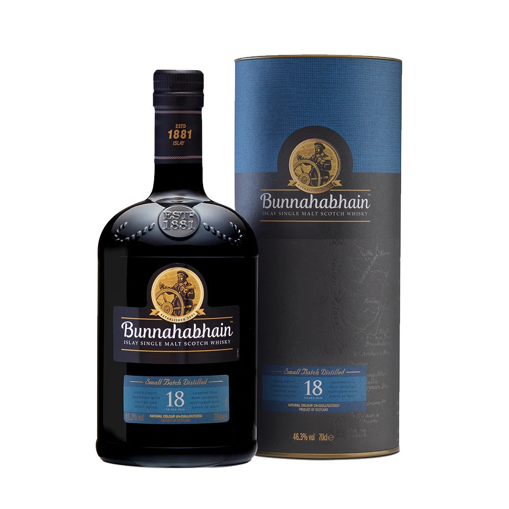 bottle of bunnahabhain 18 year old whisky with giftbox 3mk
