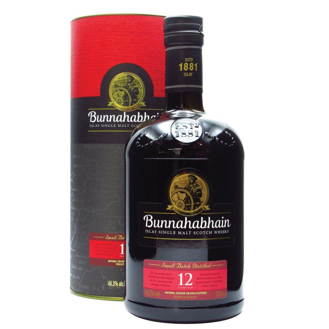 bottle of bunnahabhain 12 year old whisky with giftbox 3mk