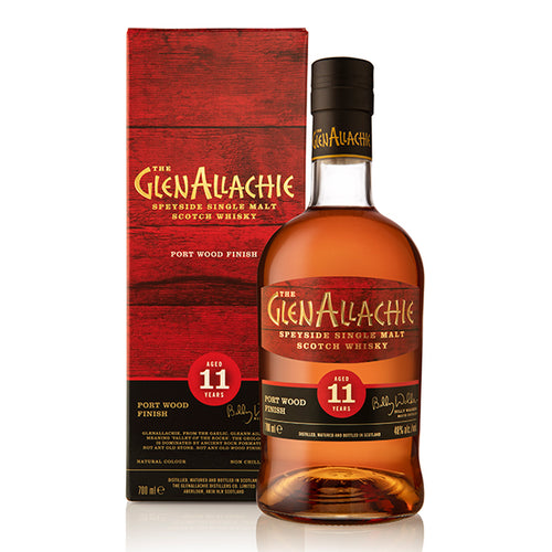 bottle of GlenAllachie 11 Year Old whisky with Port Wood Finish with giftbox 3mk