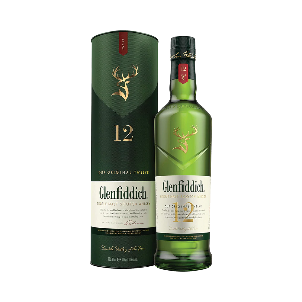 bottle of Glenfiddich 12 Year Old single malt whisky with giftbox 3mk