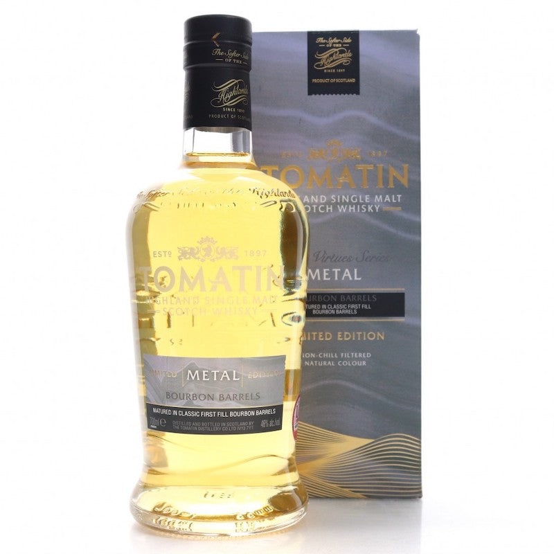 Bottle of Tomatin Five Virtues Metal-Bourbon Barrels Single Malt Whisky with giftbox 3mk