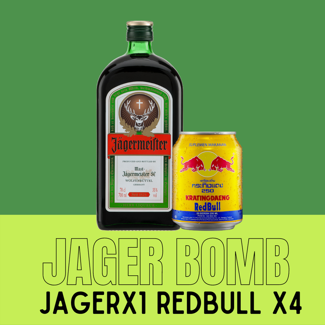 3mk Jager bomb bundle, 1 bottle of jagermeister and 4 cans of redbull