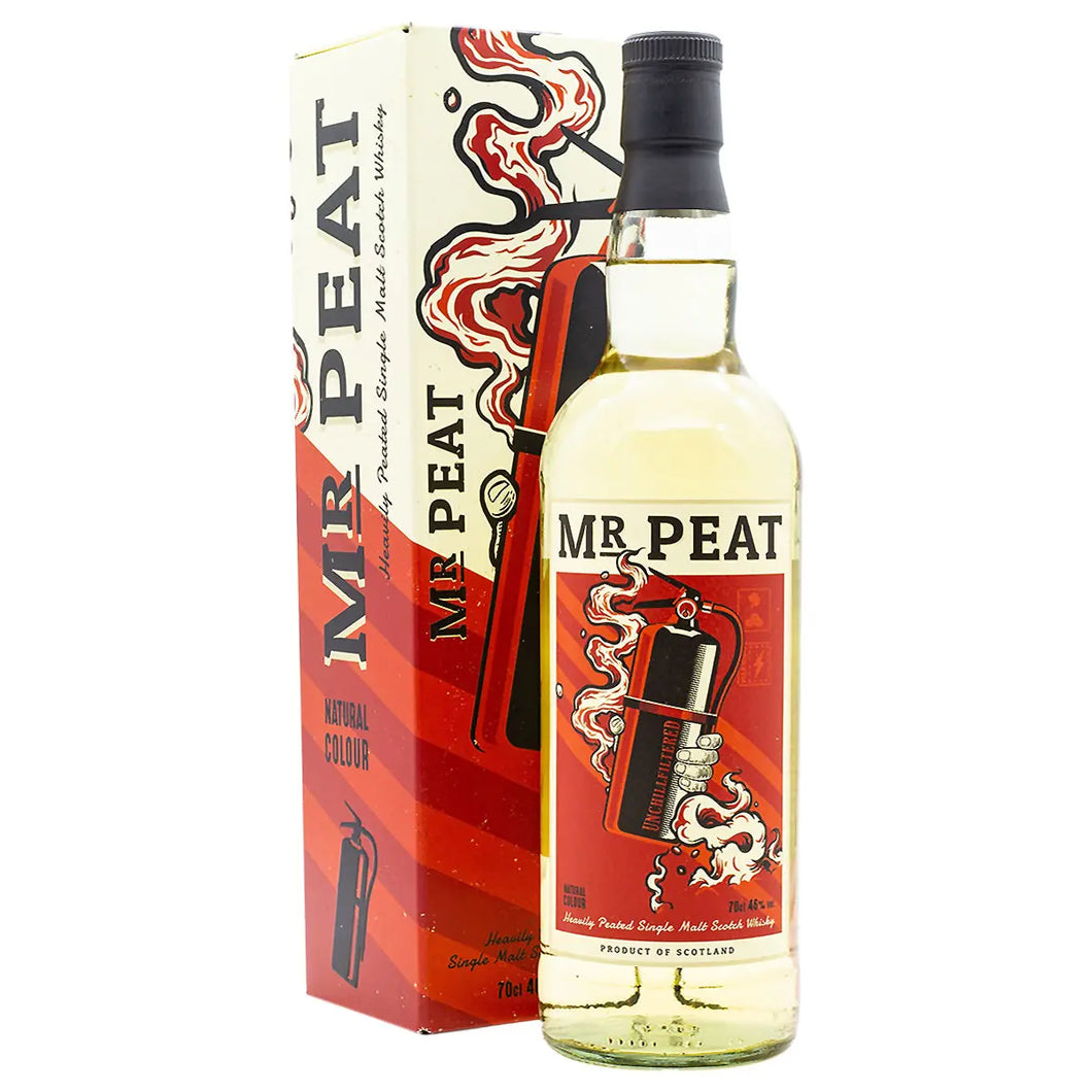 Bottle of Mr Peat Heavily peated single malt scotch whisky by Fox Fitzgerald (FF) Independent Bottler with giftbox 3mk