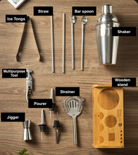 Load image into Gallery viewer, layout of items included in home cocktail set
