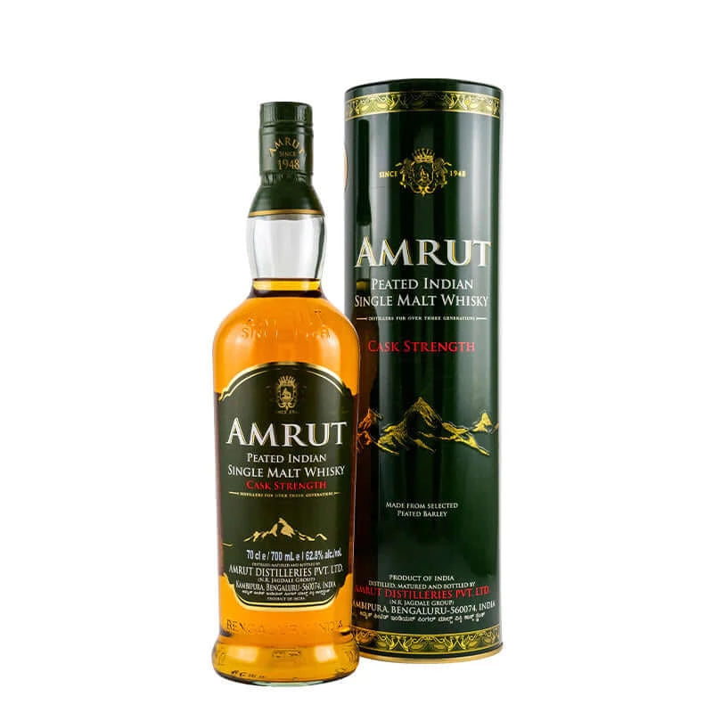 Bottle of Amrut Peated Indian Single Malt Whisky Cask Strength with metal box 3mk