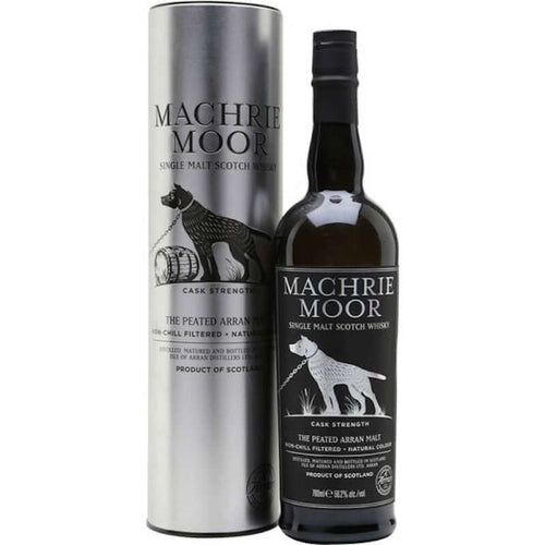 bottle of arran machrie moor cask strength whisky with metallic giftbox 3mk