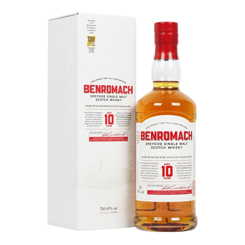 bottle of benromach 10 year old whisky with giftbox 3mk