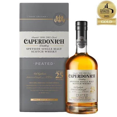 bottle of caperdonich 25 year old peated whisky with giftbox 3mk