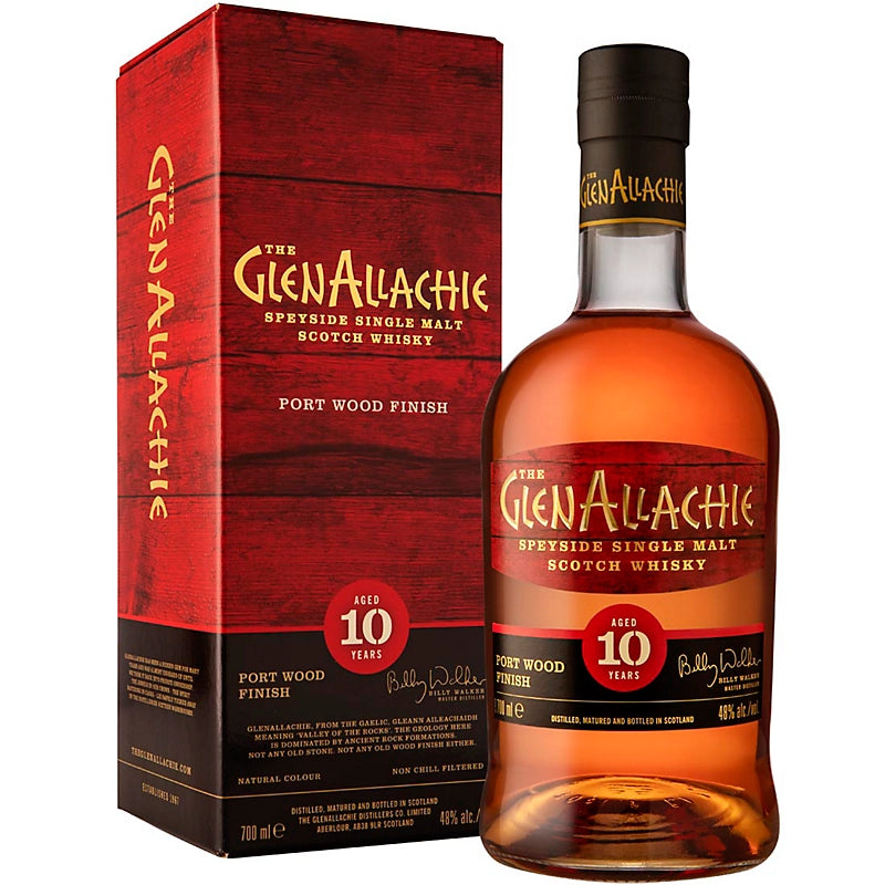 bottle of GlenAllachie 10 Year Old whisky in Port Cask with giftbox 3mk