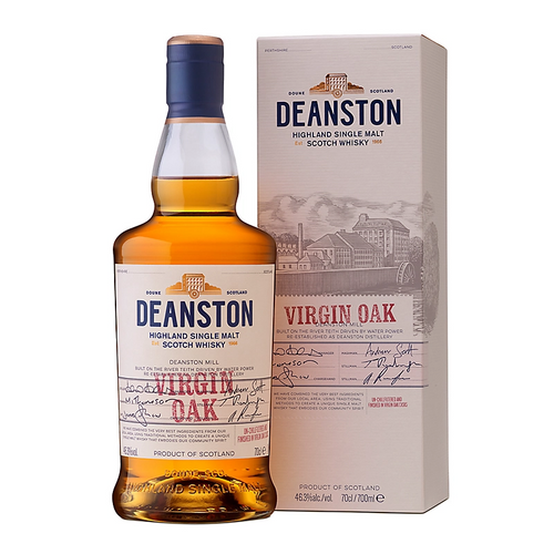 bottle of deanston virgin oak single malt whisky with giftbox 3mk
